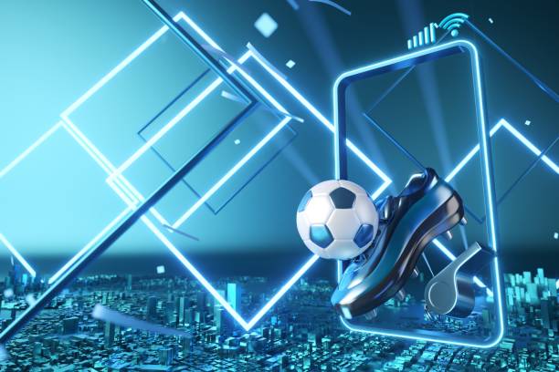 football balls object, sport ball design, football element concept, 3d illustration, abstract football technology, smartphone mobile screen, green grass field, online sport live, casino sport business - 电子竞技 個照片及圖片檔